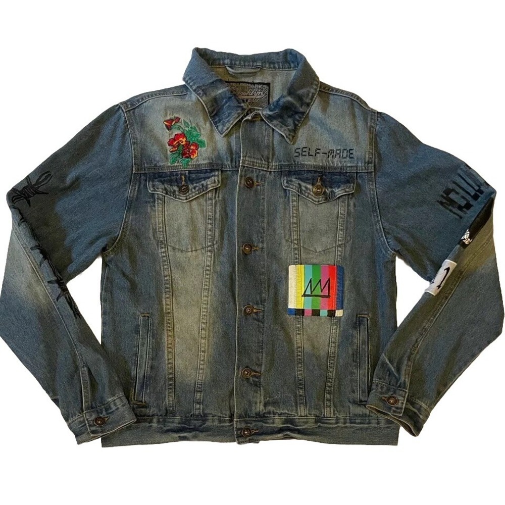 Brooklyn Cloth Women's Denim Jacket Self Made Floral Barb Wire 1991 Patch Sz M